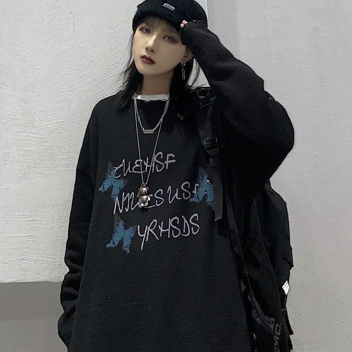 

Original Design Ins Korean Retro Trend Butterfly Print Hole Knit Pullover Sweater Men And Women 2020, Black