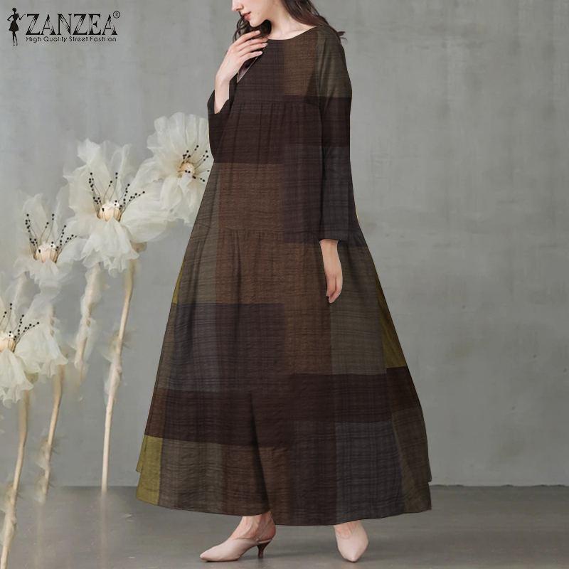 

Plus Size Vintage Check Dress Women' Autumn Sundress ZANZEA 2020 Casual Long Sleeve Baggy Vestidos Female O Neck Plaid Robe 5XL, Yellow