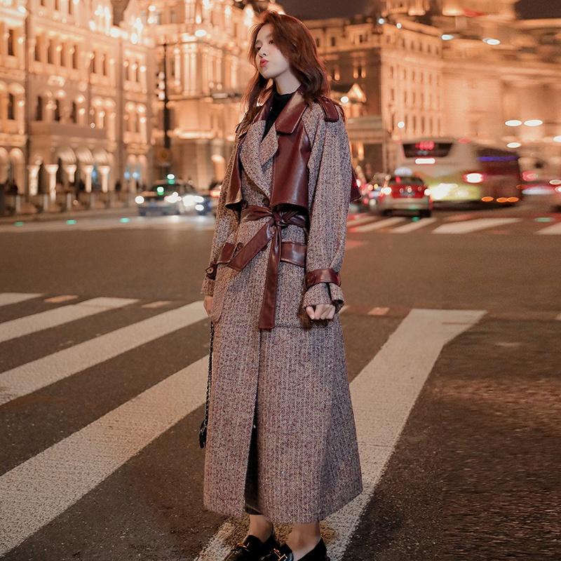 

Winter Coat Women Korean Splice Leather Long Woolen Trench Jacket Female Fashion Elegant Plus Size Belt Overcoat Windbreaker, Camel