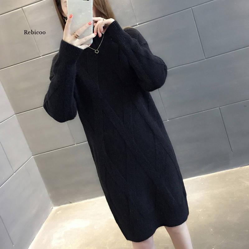 

Women' Sweater Fashion Winter New High Collar Sweater Female Loose Thick Long Paragraph Bottoming Knit Dress, Black