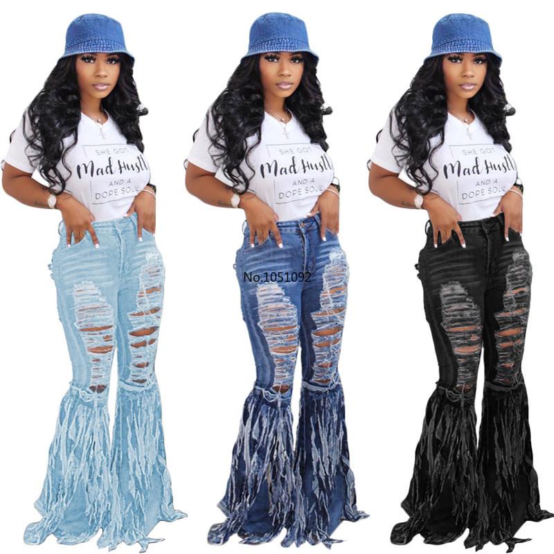 

Women's Jeans Wholesale Women Ripped Hollow Denim Trousers Retro Solid Color Sexy Flared Pants Street High Waist Stack, Blue