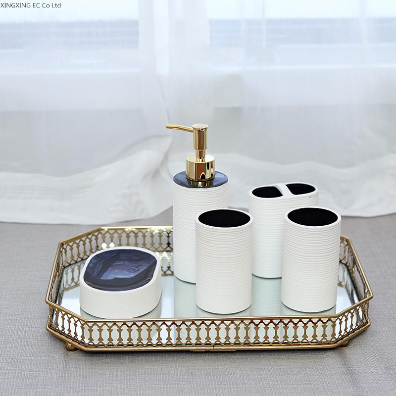 

Nordic Bathroom Set Toothbrush Holder Ceramic Craft Lotion Bottle Toothpaste Dispenser Mirror Glass Storage Tray Home Decoration