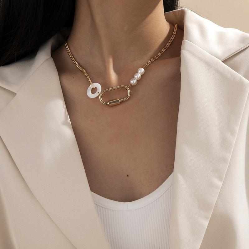 

women fashion gothic bijuteria collares de moda 2020 joyeria cuban link chain neckless pearl beaded necklace lock clasp