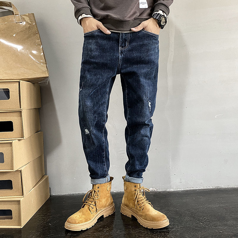 

2021 New Autumn Feet Loose Harem All-match Denim Torn Stretch Beautiful Black Male Pants Free J1VV, 521 blue