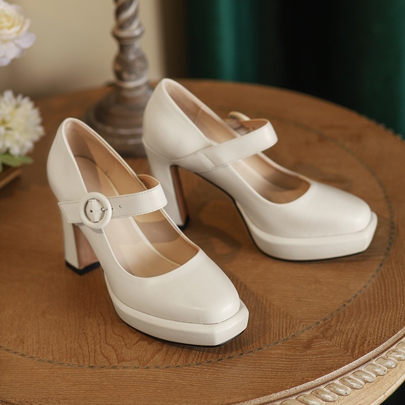 

2021 New Size 34-42 Genuine Woman High Heels Mary Janes Wedding Shoes RHA6, Beige