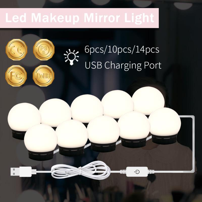 

WENNI LED Mirror Lights Hollywood Makeup Vanity Table Lamp USB LED Wall Lamp Mirror Bulb Stepless Dimmable Dressing Light