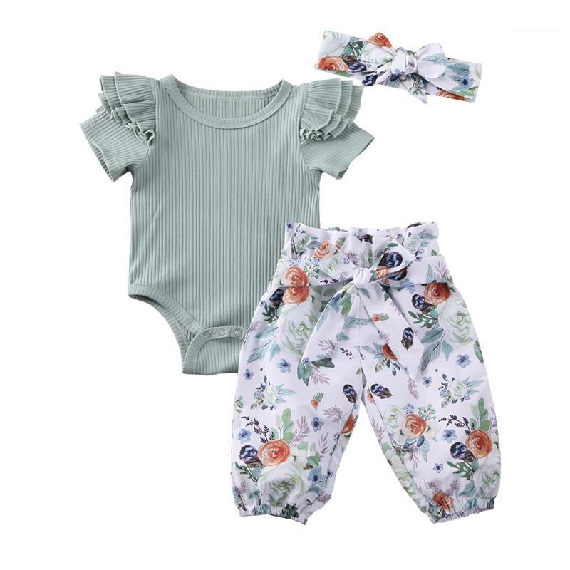 

2020 Summer Kids Baby Girl Clothes Summer Kids Pants Floral Pants + Headrope Sets Solid Color Outfits1, As the picture