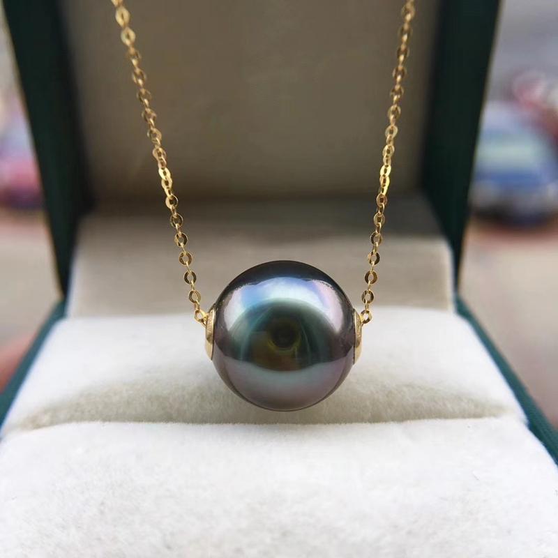 

black south sea round tahitian pearl 9-10mm with 18 k gold chain choker necklace