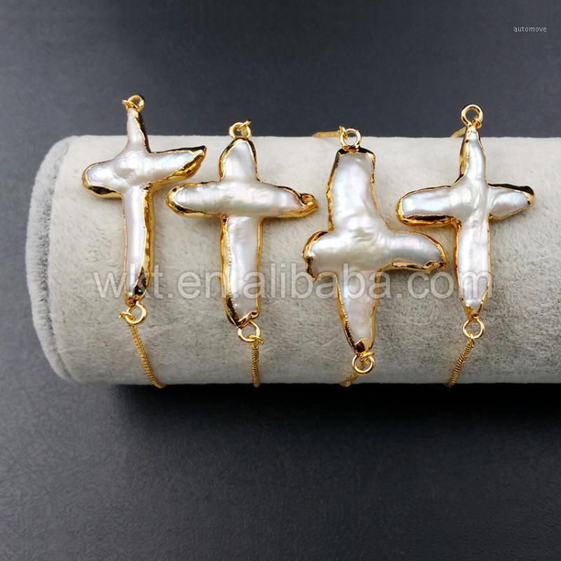 

WT-B341 wholesale custom Fashionable design 24K gold trim pearl Connector Bracelets cross shape Connector Bracelets1