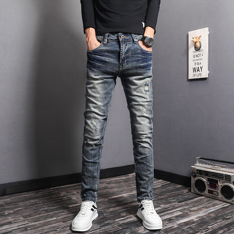 

2021 New Fashion Streetwear Men Jeans Elastic Slim Fit Retro Blue Ripped Denim Pants Italian Vintage Designer Casual Cotton Long Trousers 42