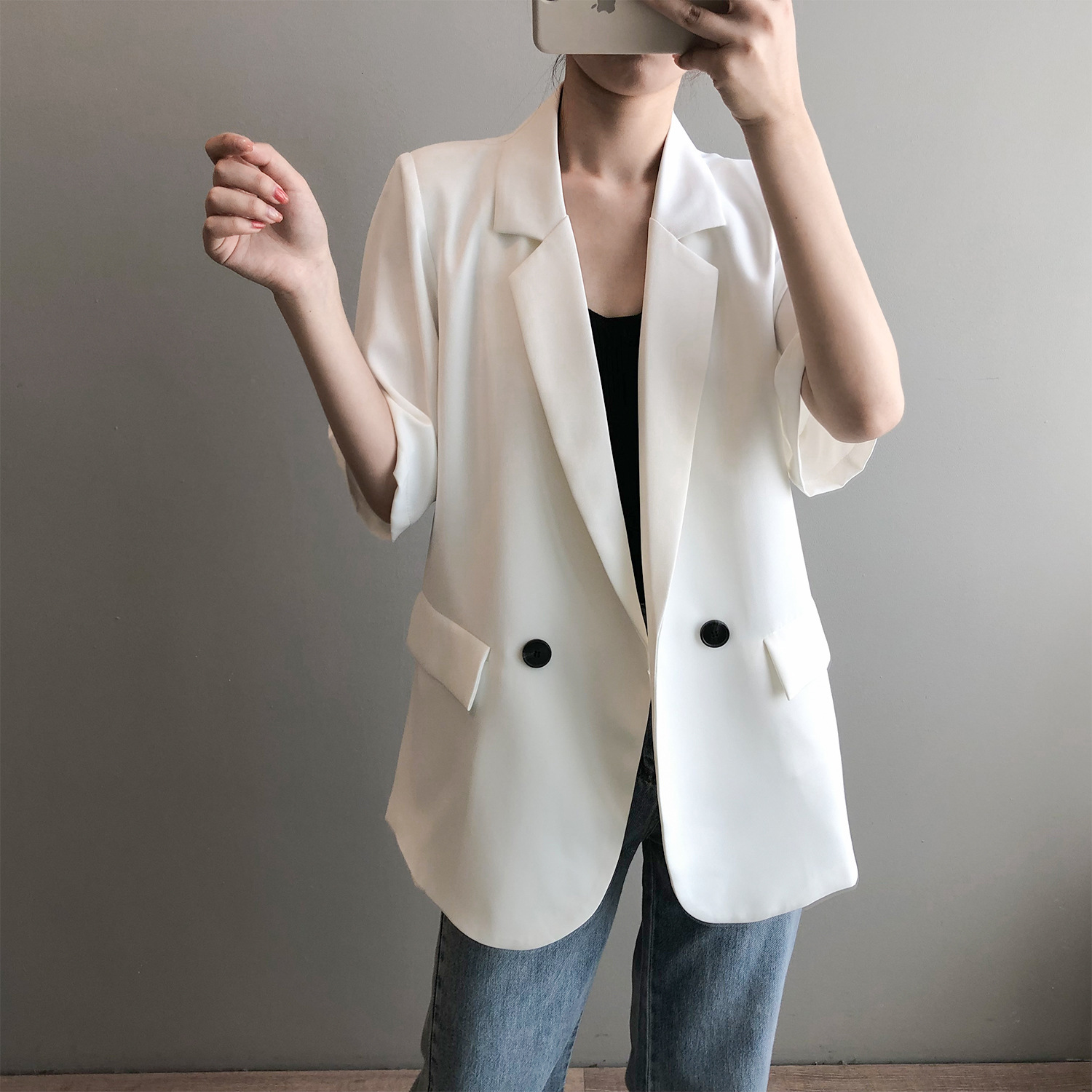 

2021 New Casual Turn Down Collar Women White Coat Half Sleeve Summer Office Style Blazer Casaco Feminino Outwear Ev06, Black
