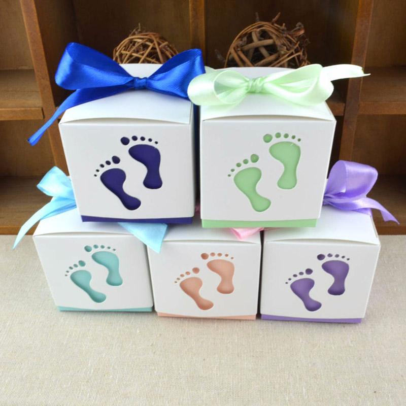 

SKTN 5pcs Baby Foot Candy Box Baby Shower Carriage Paper Sweet Bag Footprints Party Favor Boxes Baptism Container Gift Box