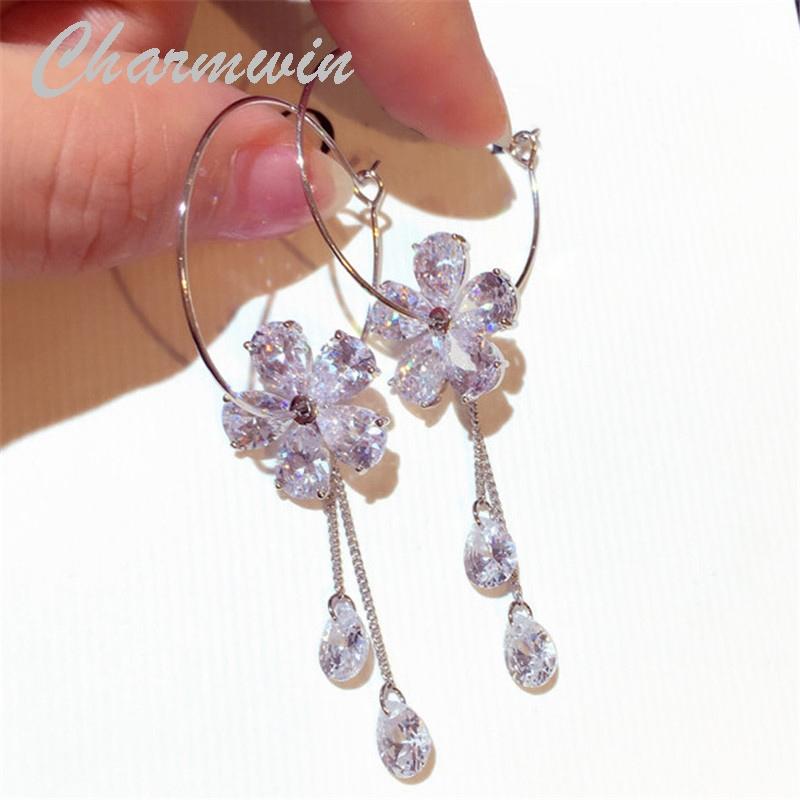

Charmwin New Fashion Hoop Earrings Long Earrings For Women Statement Cubic Zirconia Flower Tassel Women