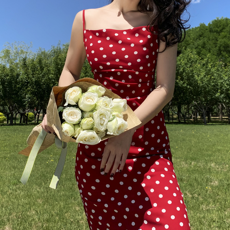

2021 New Summer Vintage Elegant Red Points Show Long and Thin Dresses Sexy Spaghetti Strap Slim Dressed in Party JQRA
