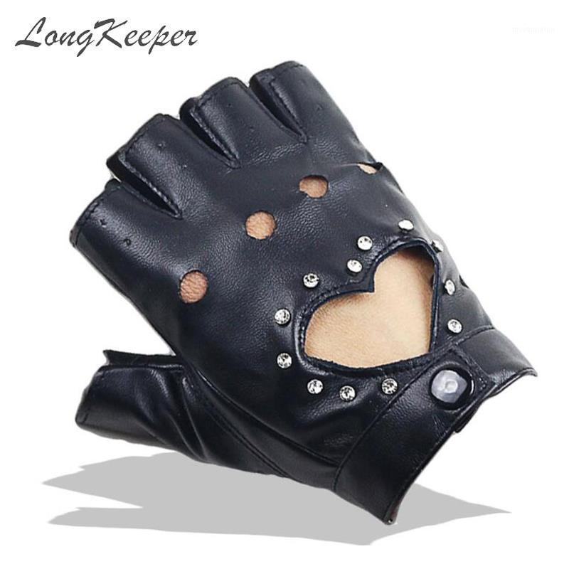 

LongKeeper Fashion Half Finger Driving Women Gloves PU Leather Fingerless Guante Punk Heart Gloves For Women Black Pink Blue1