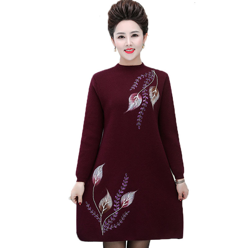 

Middle-aged Female Autumn Winter Temperament Mother More Cashmere Thicken Warm Dress Women Dressed R596 7ev4, Red wine