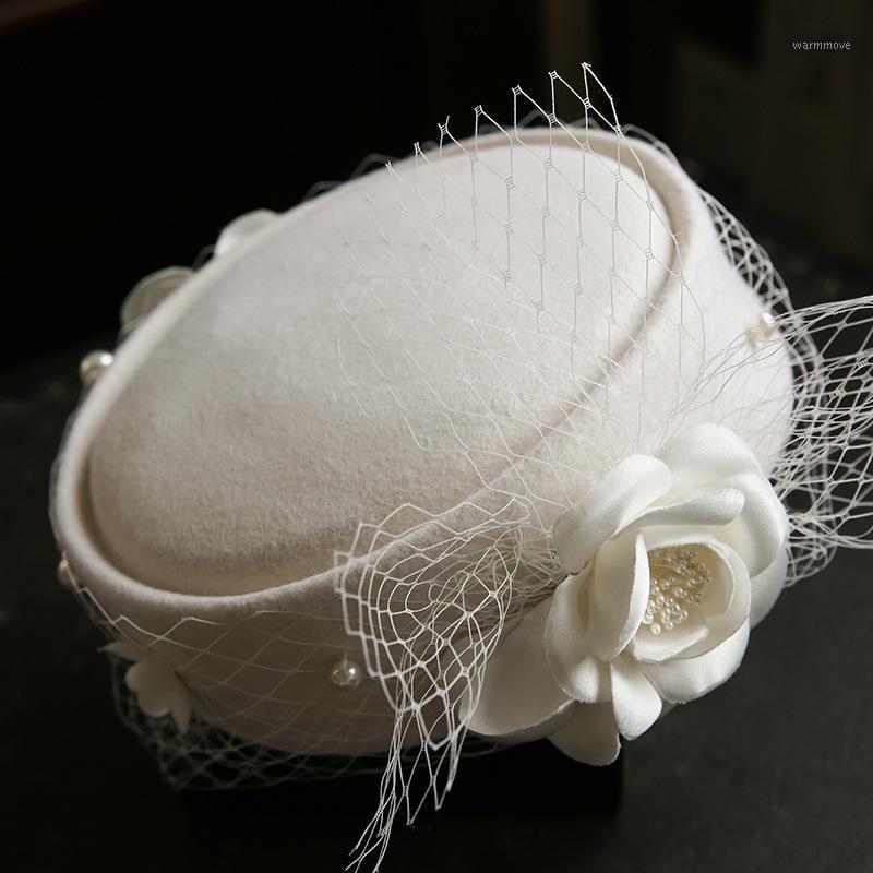 

Wedding Woman Hat Fascinators Pillbox Hat With Veil 100% Australian Wool Felt Beret Hats Cocktail Banquet Flower Fedoras Caps1, White