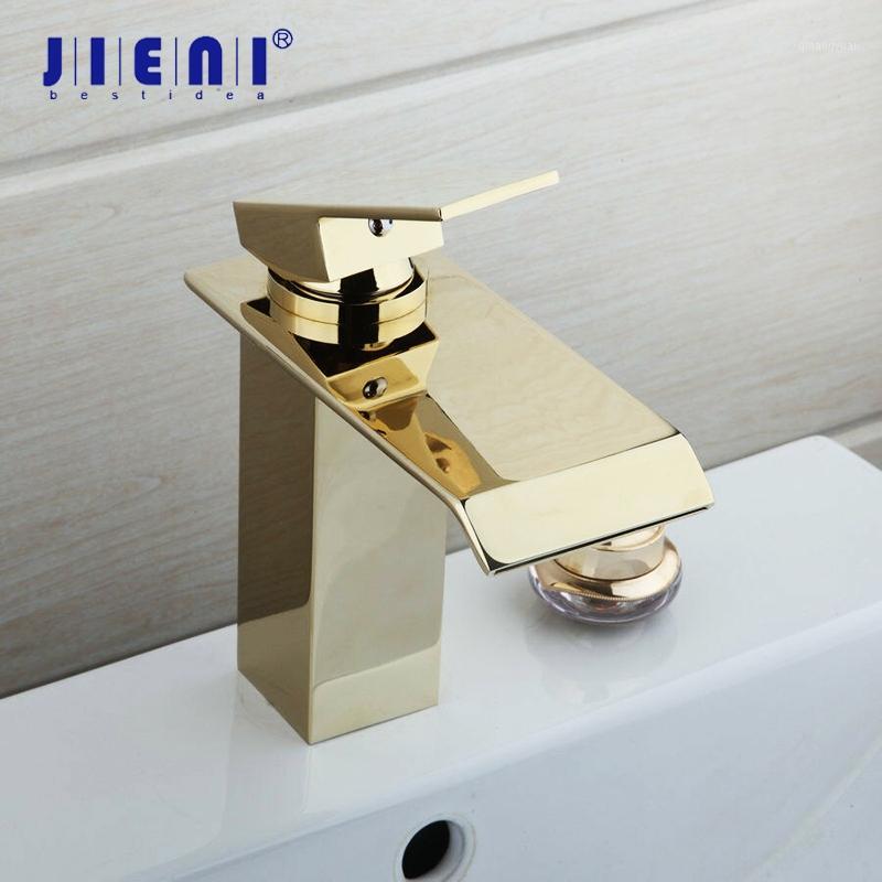 

JIENI Luxury Golden Plated Bathroom Basin Sink Mixer Tap Faucet Solid Brass Mixer Waterfall Tap Bathroom Sink Faucet1