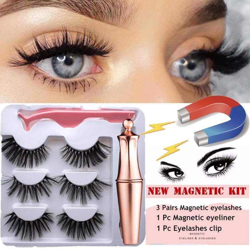 

3 Pairs Magnetic Eyelashes With 1 Pc Magnetic Eyeliner and Eyelashes Tweezer Waterproof Long Lasting Natural Eyelash Extension