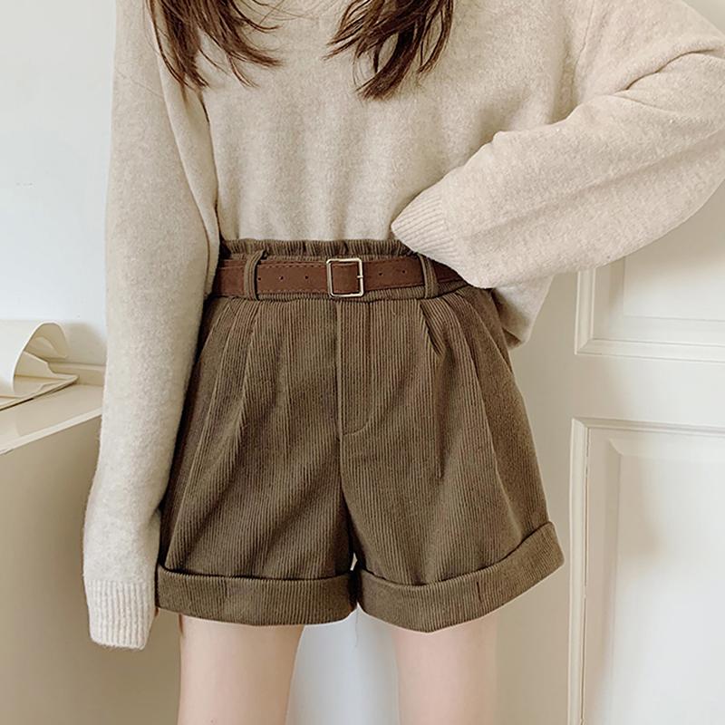 

Vintage Corduroy Shorts Women Winter Spring High Waist Wide Leg Shorts with Belt Plus Size Ladies Femme, Gray