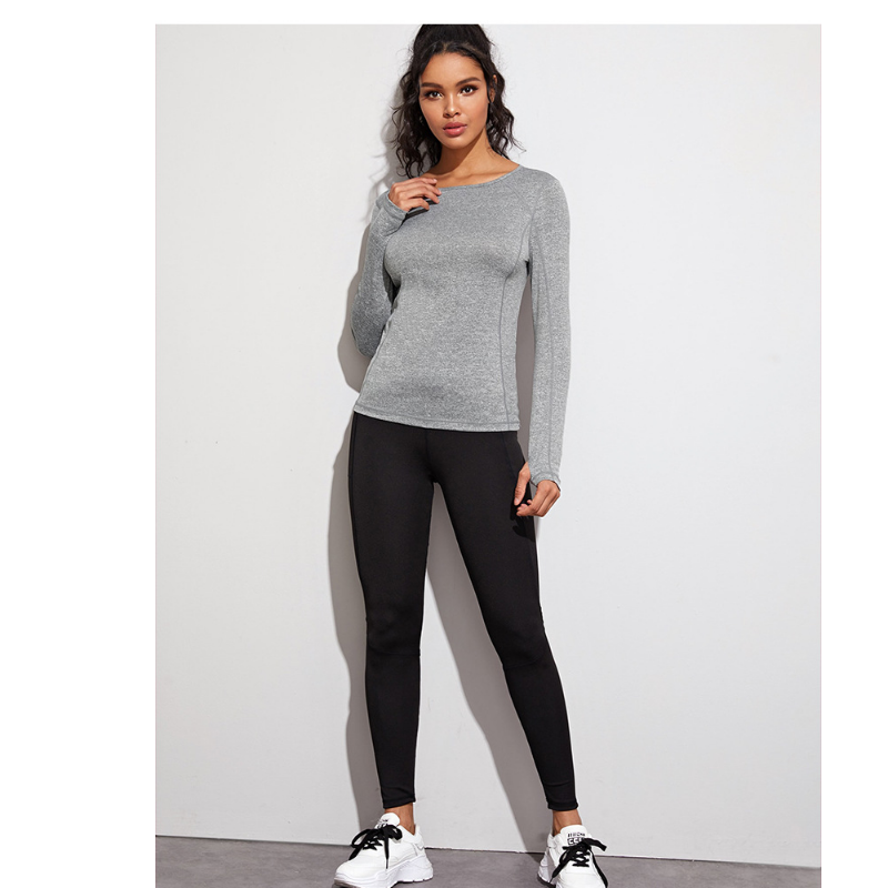 

Women' grey sports T-shirt loose thin breathable long sleeve Yoga suit casual running wear fitness elastic training top women, Gray