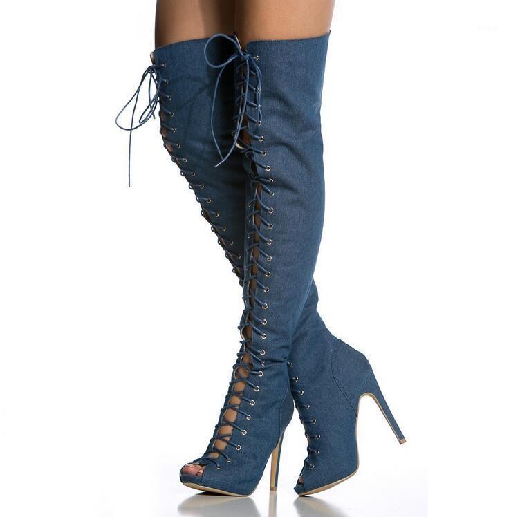 

Plus Size 13 Peep Toe Jean Over The Knee Boots Women Cut-out Gladiator Sandals Boots Thin Heels Tie-up Slim Long Free Ship1, Clear
