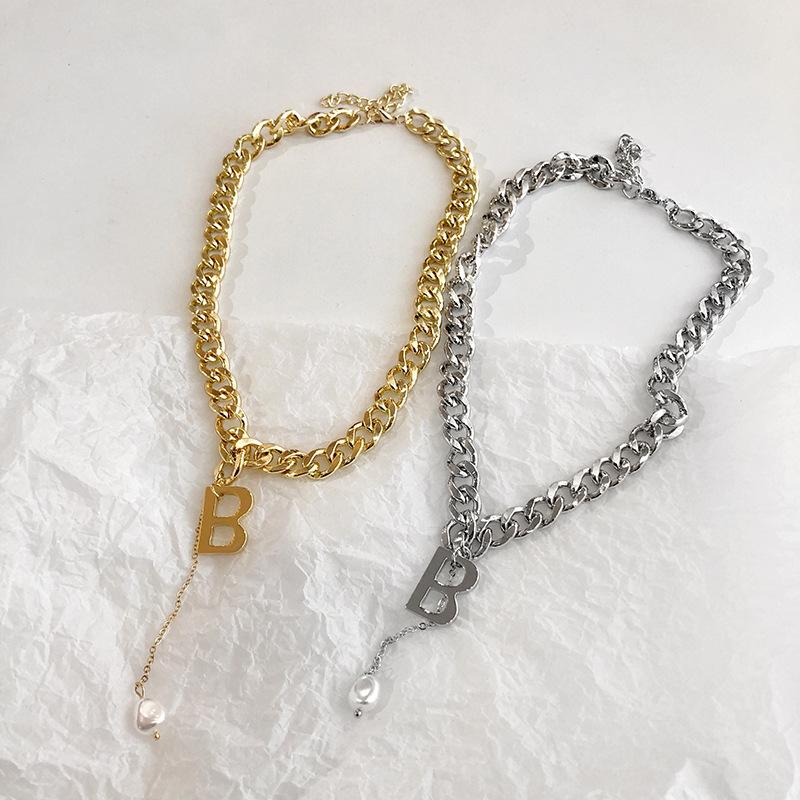 

FFLACELL Fashion B Letter Clavicle Chain Wide Thick Chain Tassel Necklace Pearl Pendant Sweater