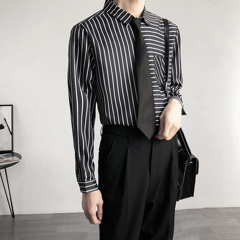 

Shirts 2021 Men's Spring and Winter New Self-cultivation College Fresh Little Art Printed Striped Shirt Young 8L7N, Black