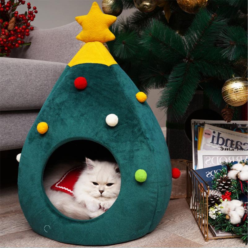 

Pet Cat Dog House Kennel Puppy Cave Sleeping Bed For Cats Dog Christmas Tree Shape Winter Warm Bed