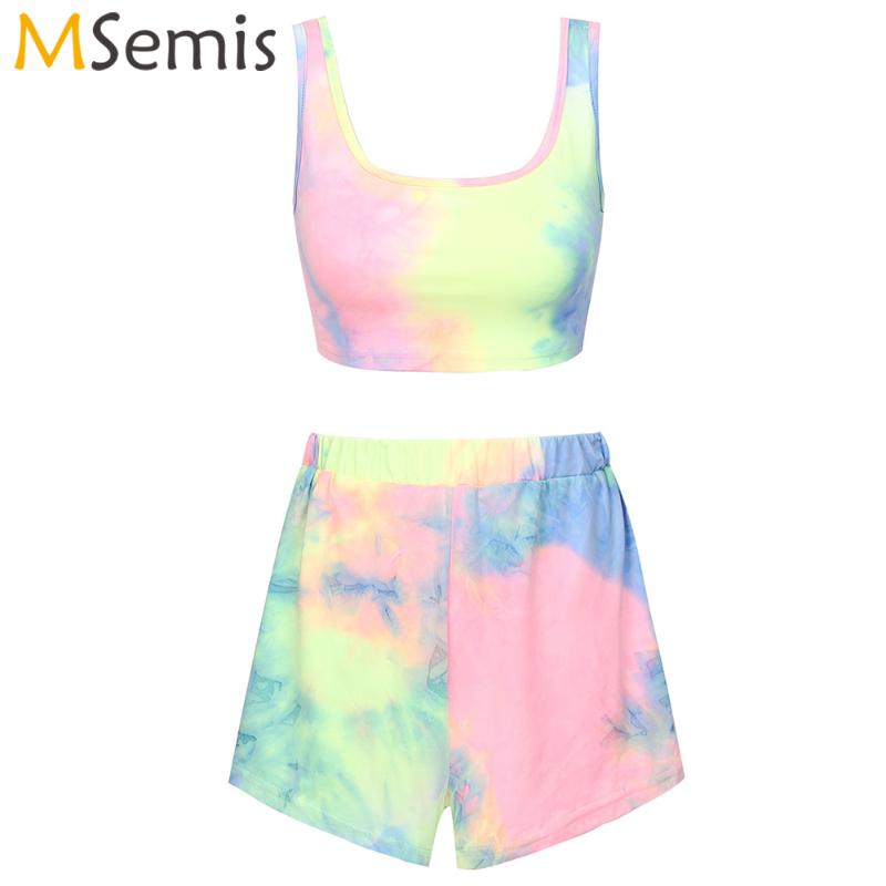 

Colorful 2Pcs Sport Set Women Fashion Tie Dye Activewear Workout Running Gym Yoga Suit U Neck Bra Top with Sport Shorts Set