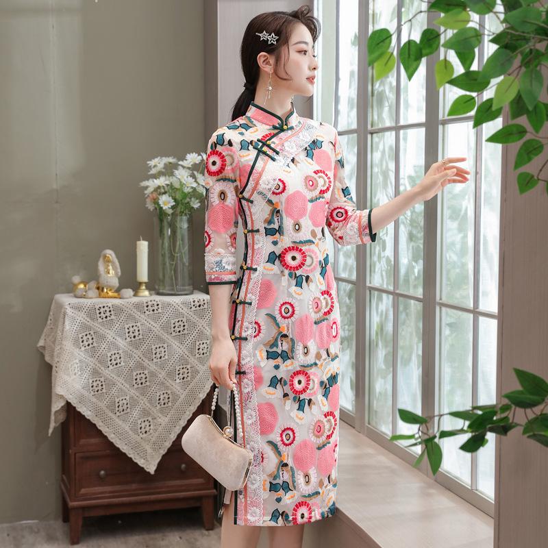 

Chinese style Cheongsam embroidery floral wedding qipao party dresses