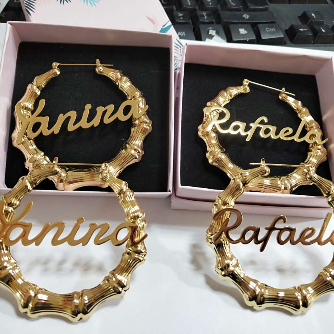 

Custom Name Earrings Bamboo 7cm Hiphop Sexy Bamboo Hoop Earrings Customizable Style Custom Hoop Earrings With Statement Words LJ200909