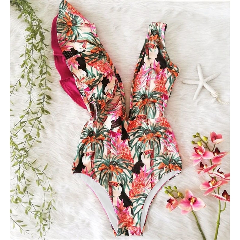 

One Piece Swimsuit Sexy One Shoulder Ruffle Swimwear Women Leaf Print Bathing Suits Beach Wear 2019 New Arrival Monokini Swim Y200824, Na19592d1