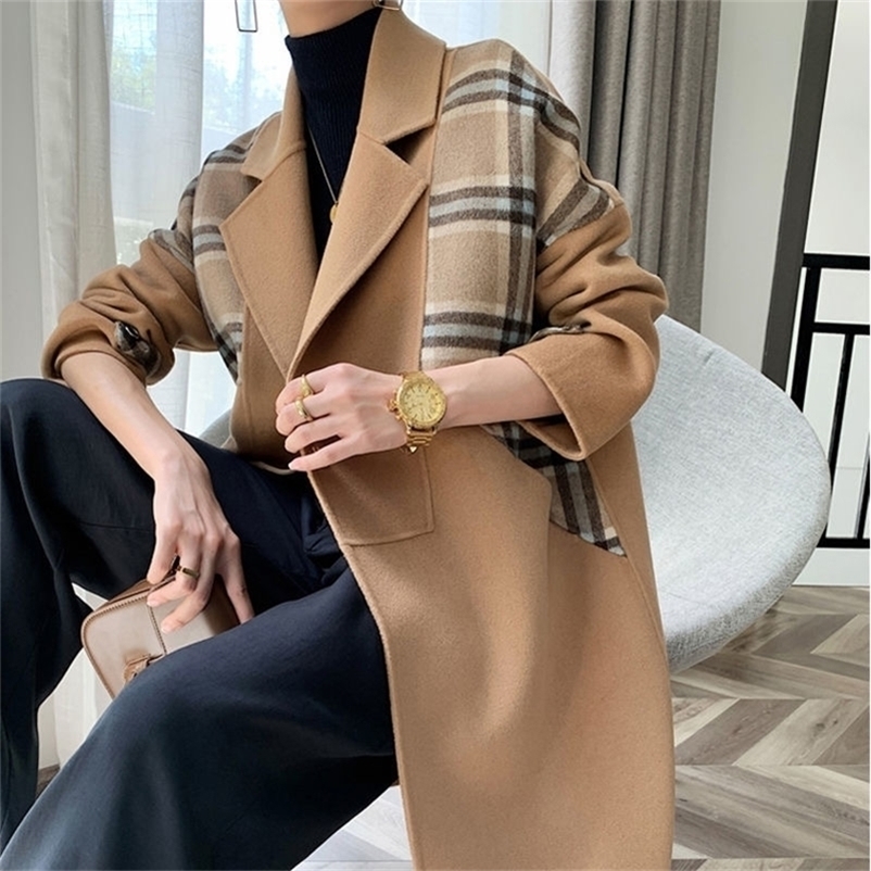 Autumn Winter Warm Women Wool Coat Fashion Plaid Spliced Slim Blends Outwear Female New Arrival V Neck Office Long Coat 201218Z