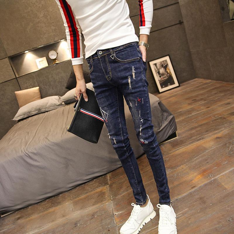 

Fashion 2021 feet jeans men's ripped stretch pants trendy skinny legs social guy embroidery personality elastic pencil pants, Blue