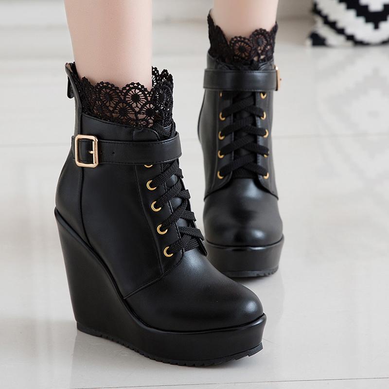 

AIWEIYi Ankle Boots Women Pu Leather Wedges High Heels Western Boots Round Toe Lace Up Fashion Autumn Winter Women's Shoes, Black