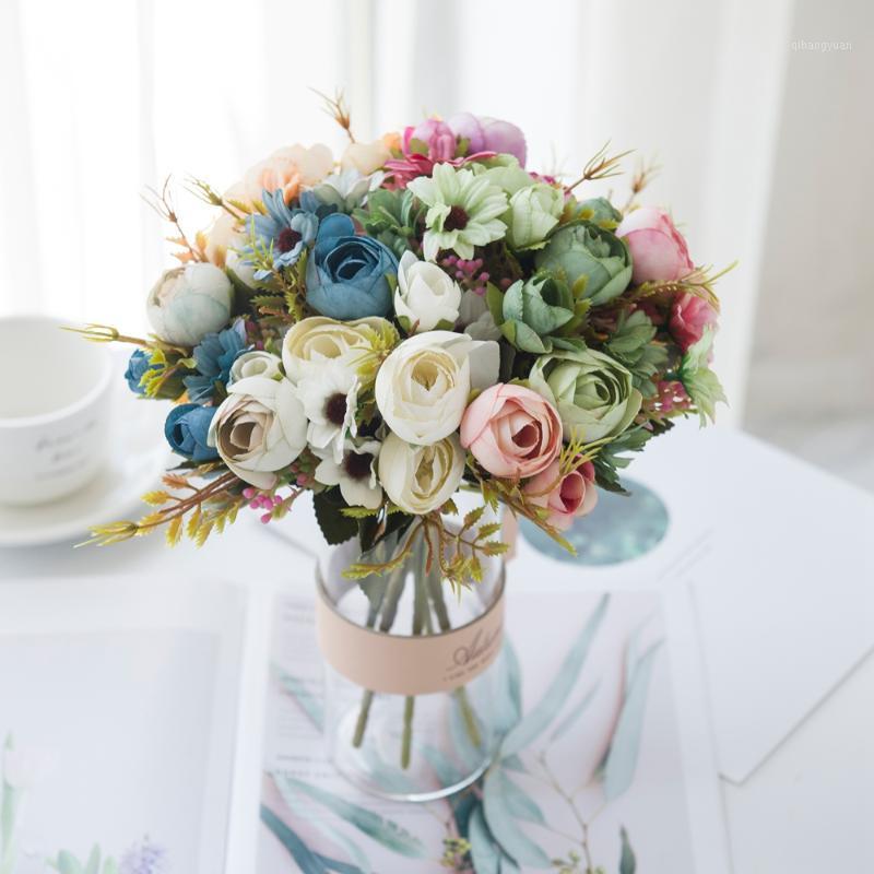 

Artificial Flowers roses Bridal bouquet Vases for Home Decoration Accessories Pots Wedding Decorative Flowers Fake Plants1, Blue