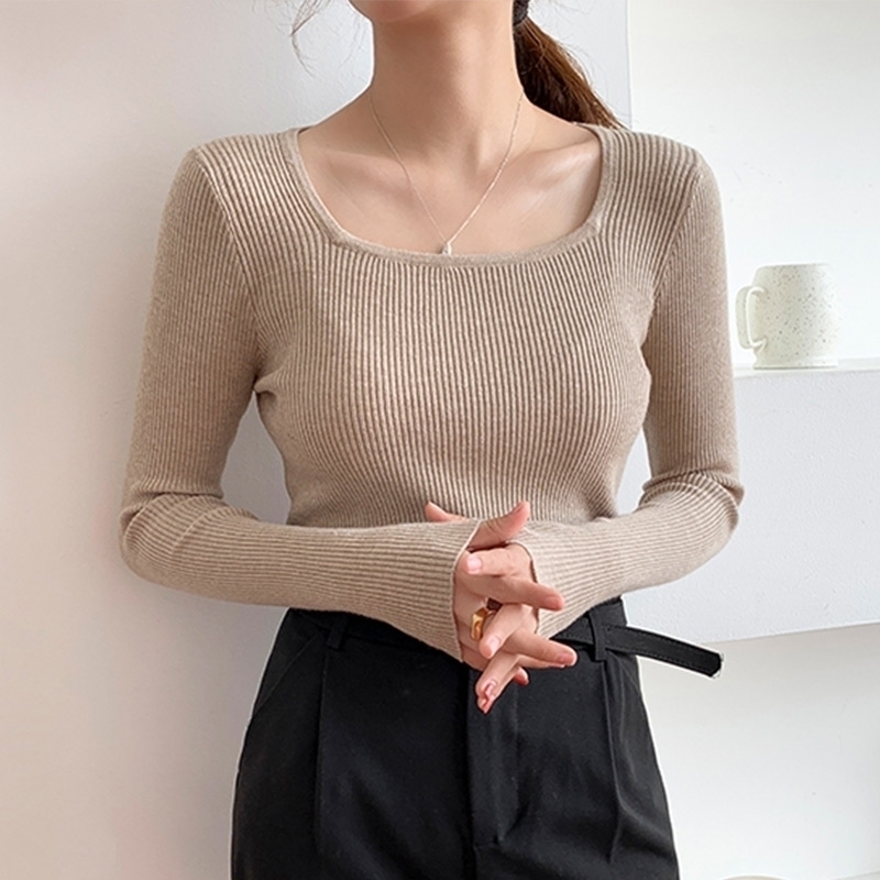 

Womens Knitting Full Sleeve Square Collar Sweater Women Pullovers Casual Simple Knitted Jumpers Woman Autumn Winter Sweater 201017, Khaki