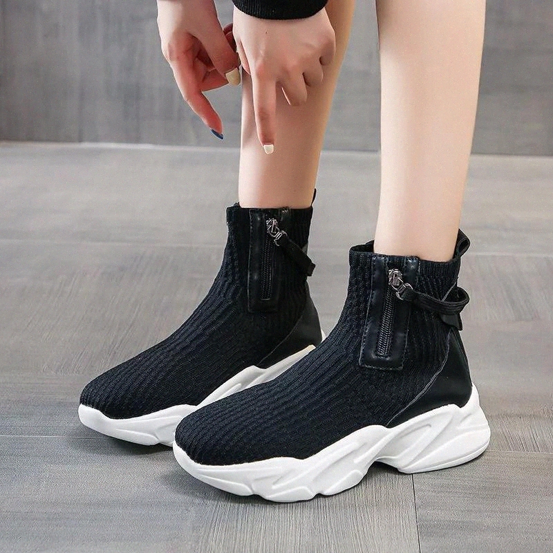 

Sock Shoes Women Sneakers Knitted Elastic Platform Sneakers Chunky Trainers for Women Vulcanized Shoes Black White 2020 #AA8e