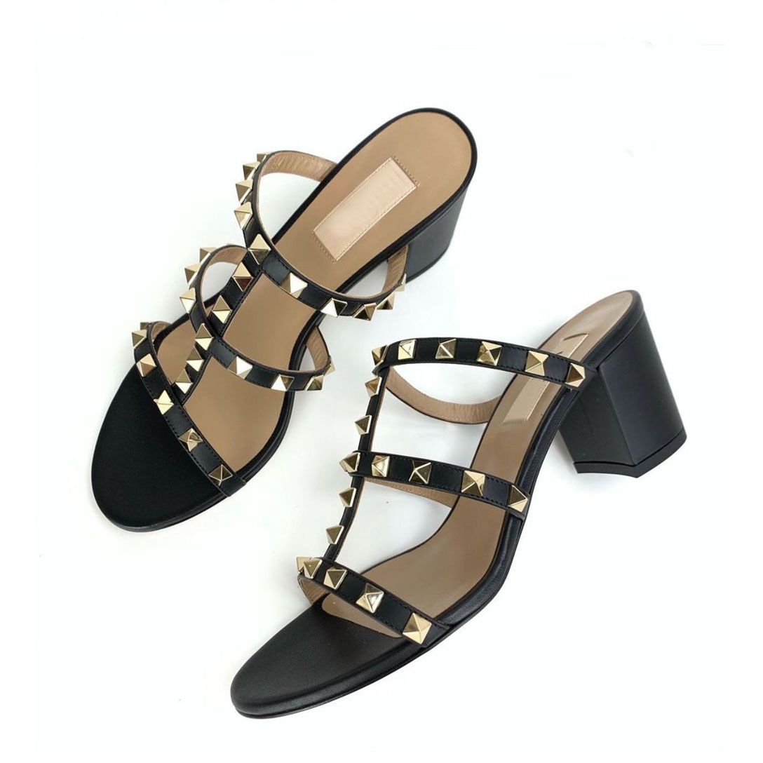 

Summer Luxurys designers Women Sandals Rock Studs Chunky Heels Rivets Strappy Slipper Sandals Sexy Ladies Heels Party Wedding Dress 35-43