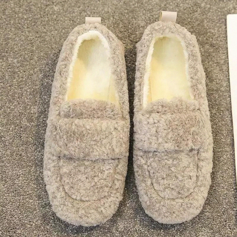

Spring Winter Flats Women Casual Square Toe Slip On Daily Loafers Female Curly Fur Cozy Flats For Woman Zapatos Mujer #V90z