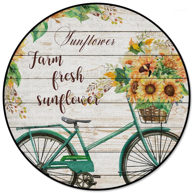 

Sunflower Bike Farm Flower Wood Plank Texture Printed Round Carpet for Living Room Kids Bedroom Table Sofa Area Rug Mats1, As pic