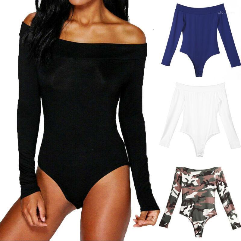 

Fashion Women Ladies Off Shoulder Long Sleeve Bodysuit Leotard Top Plain Stretch Jumpsuit Tops Women' Jumpsuits & Rompers, Black