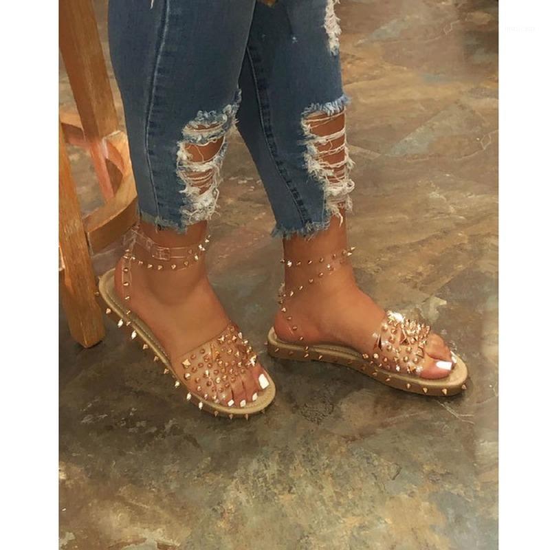 

2020 Women Flat Sandals Summer Open Rivet Sandals Open Comfortable Casual Shoes Plus Size 35-431, Brown