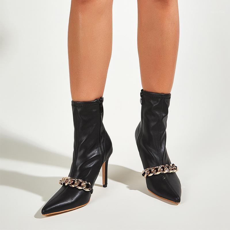 

New Women Ankle Boots Pointed Toe Metal Chain Ladies Short Booties Fashion Thin High-Heeled Female Thin Boots Winter Woman Shoes1, Black1