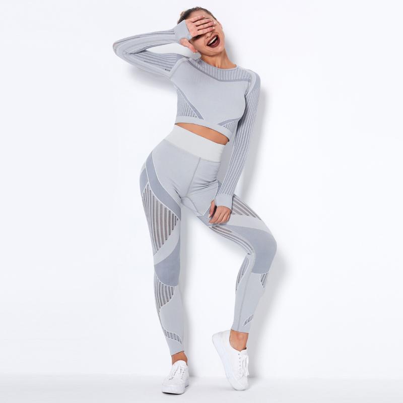 

2pcs Seamless Women Yoga Set Long Sleeve Crop Tops High Waist Leggings Tracksuit Female Gymwear Fitness Sportswear, Dark gray leggings