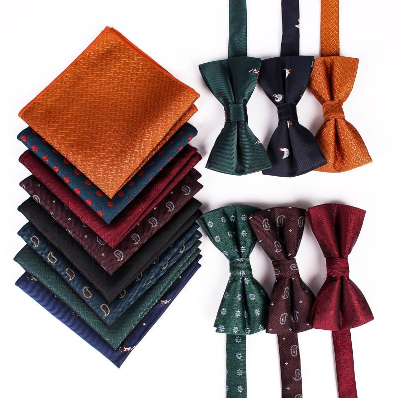 

New Formal Dress Mens Suits Bowtie Pocket Squares Set Man Bowtie Handkerchief Set for Wedding Hanky