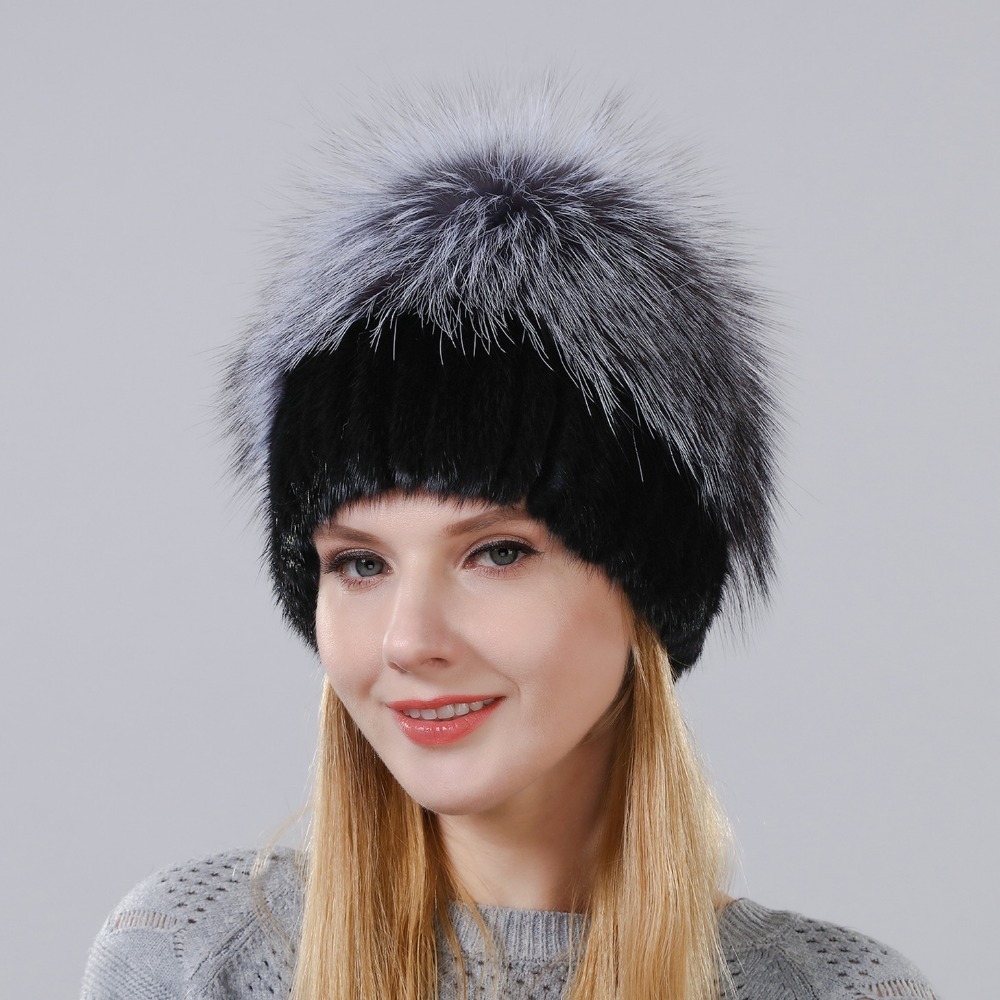 

New feminine style soft silver part over for women warm winter mink crocheted with fox skin on the top hat, 002
