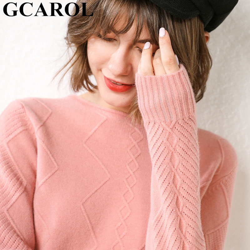 

GCAROL New Women O Neck Curled Rhombic Sweater Fall Winter 30% Wool Cashmere Thick Jumper Stretch Warm OL Knitted Pullover S-3XL 201130, Blue