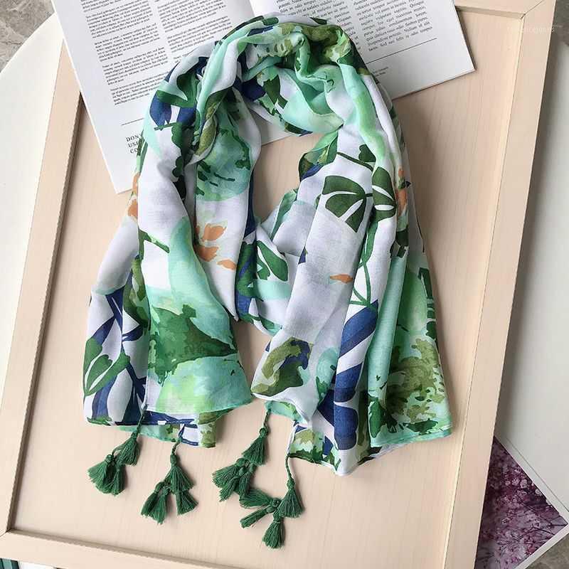 

Scarves 2021 Fashion Autumn Women Viscose Scarf Green Floral Tassel Beach Hijab Shawls And Wraps Female Foulards Echarpe Muslim Hijab1